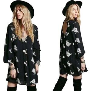 Free People Emma Austin Swing Trapeze Dress Black Embroidered Long Sleeve Size S